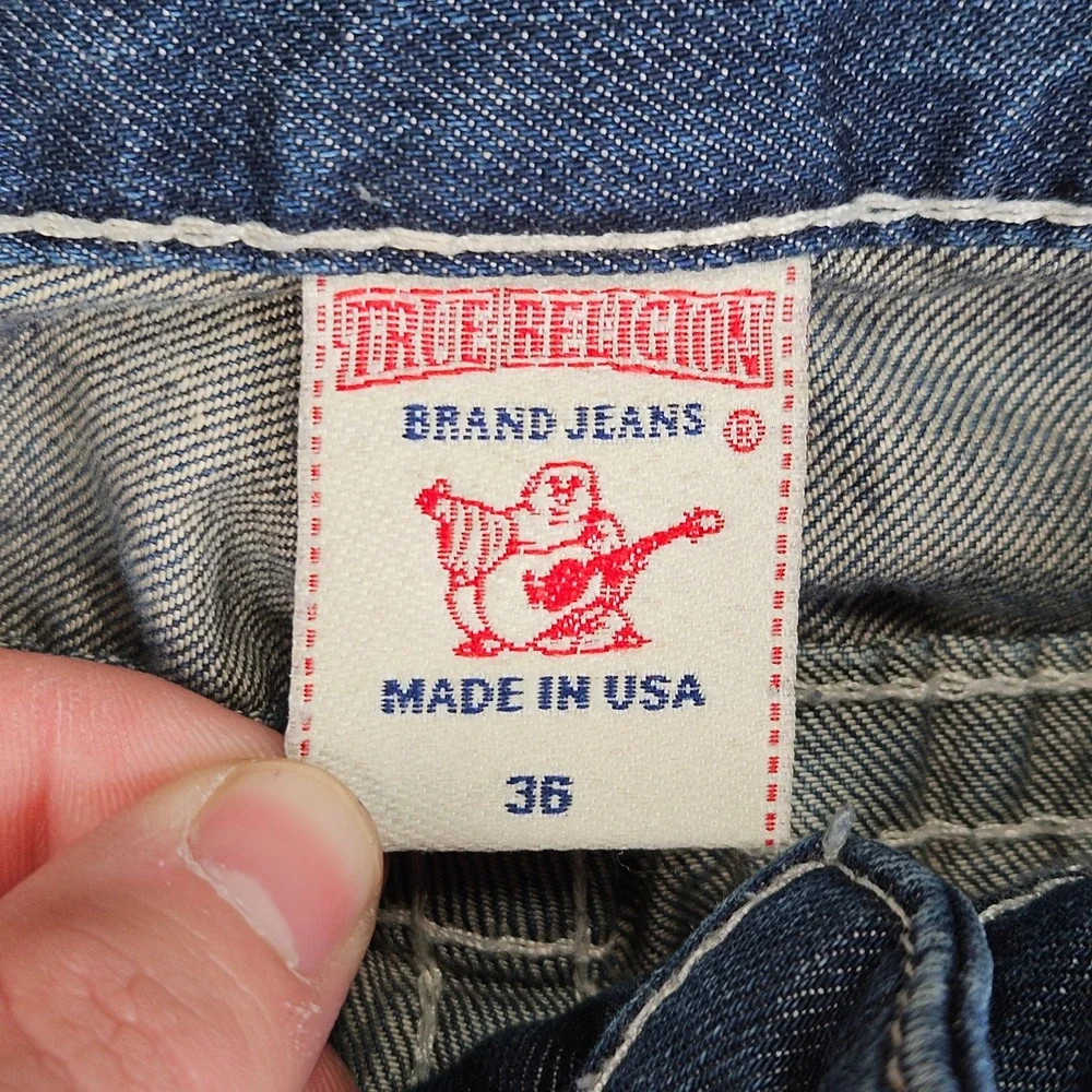 True Religion Ricky Jeans Mens 36x32 Blue Straight Leg Big T Stitch Made In USA